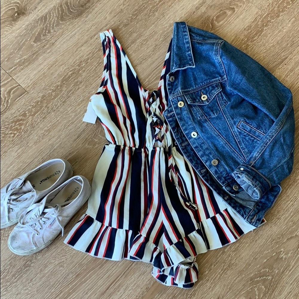 Navy and red lace up romper